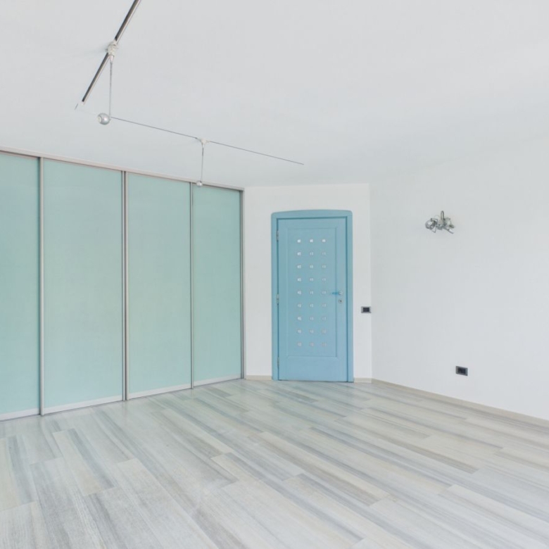 Bright minimalist room with light wood floor, pale frosted glass sliding panels on the left and a blue door with square cutouts.