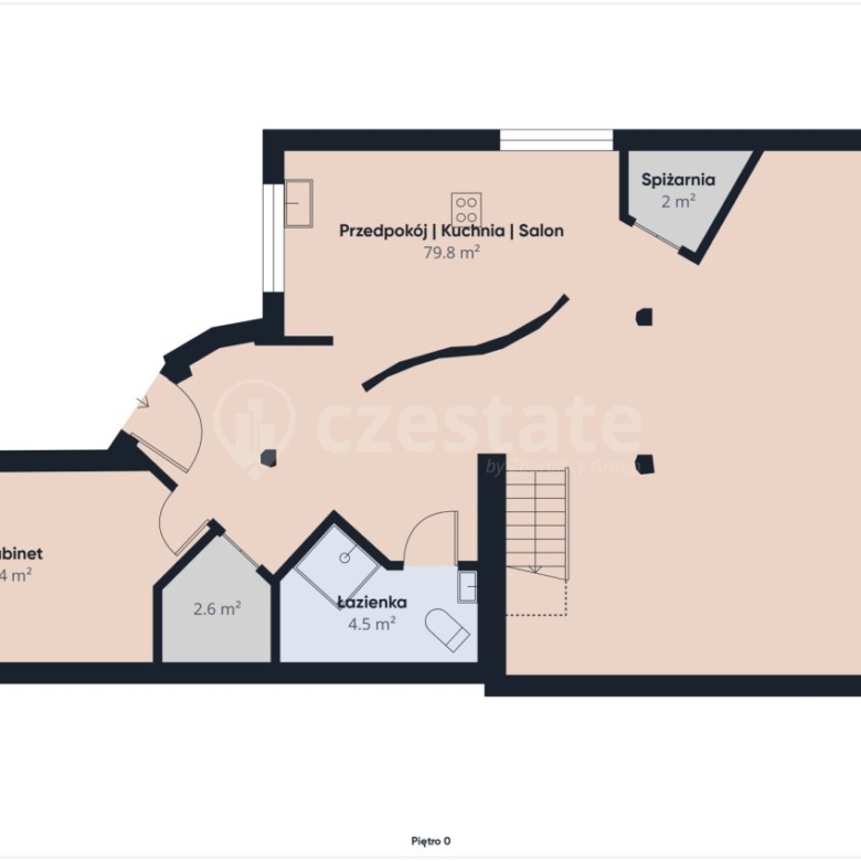 Open-plan ground-floor layout with a large living area, kitchen, and hallway, plus a pantry, office, bathroom, storage room, and stairs indicating access to other floors.