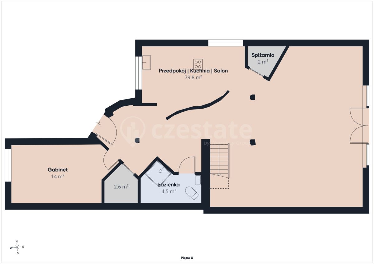 Open-plan ground-floor layout with a large living area, kitchen, and hallway, plus a pantry, office, bathroom, storage room, and stairs indicating access to other floors.