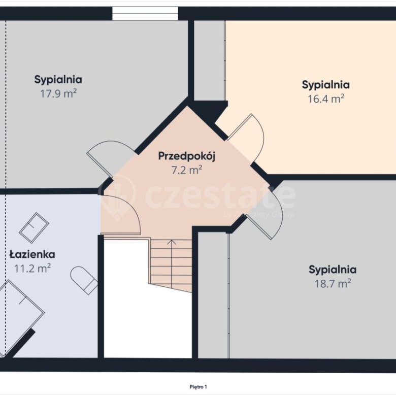 Floor plan of a home showing three bedrooms (17.9 m², 16.4 m², 18.7 m²), a bathroom (11.2 m²), and a central hallway (7.2 m²) with doors and stairs.