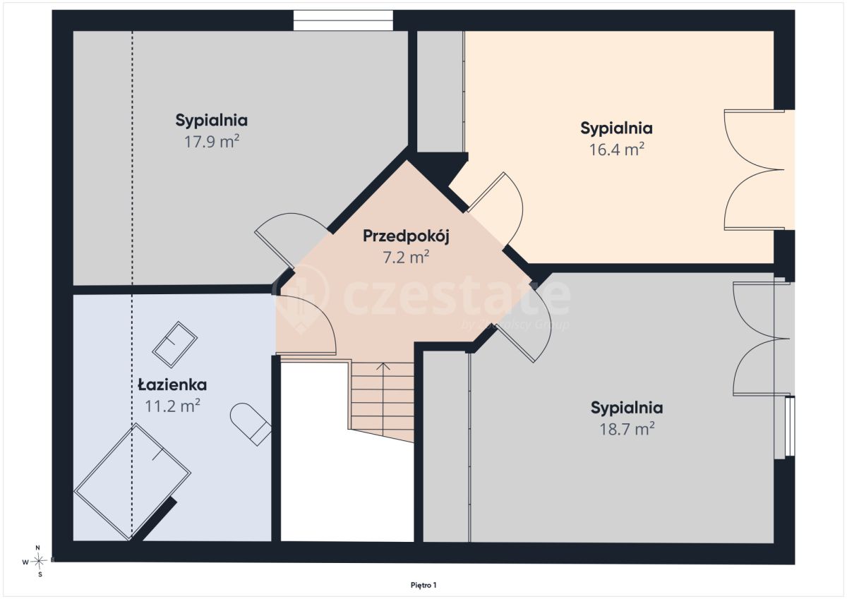 Floor plan of a home showing three bedrooms (17.9 m², 16.4 m², 18.7 m²), a bathroom (11.2 m²), and a central hallway (7.2 m²) with doors and stairs.