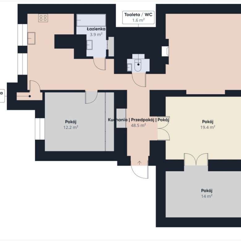 Top-down floor plan of an apartment with labeled rooms: pantry Spiżarka 1 m² on the left; central kitchen/living area (Kuchnia | Przedpokój | Pokój) 48.5 m²; bedroom Pokój 19.4 m² on the right; bedroom Pokój 14 m² bottom-right; bedroom Pokój 12.2 m² bottom-left; Łazienka 3.9 m² and separate Toaleta / WC 1.6 m² in the center; entrance at bottom; thick dark walls and orientation compass visible.