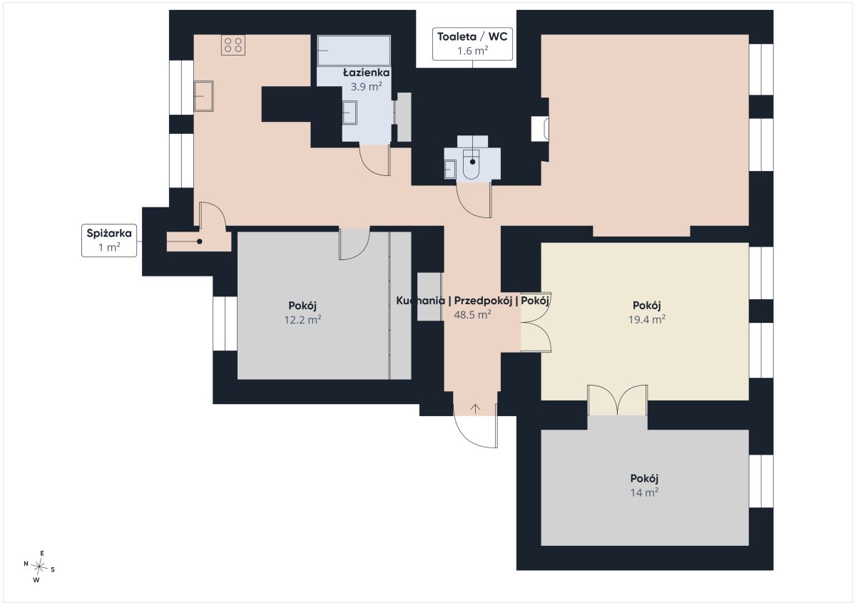 Top-down floor plan of an apartment with labeled rooms: pantry Spiżarka 1 m² on the left; central kitchen/living area (Kuchnia | Przedpokój | Pokój) 48.5 m²; bedroom Pokój 19.4 m² on the right; bedroom Pokój 14 m² bottom-right; bedroom Pokój 12.2 m² bottom-left; Łazienka 3.9 m² and separate Toaleta / WC 1.6 m² in the center; entrance at bottom; thick dark walls and orientation compass visible.